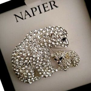 Vintage Napier Silver Crystal Polar Bear And Cub Brooch NIB